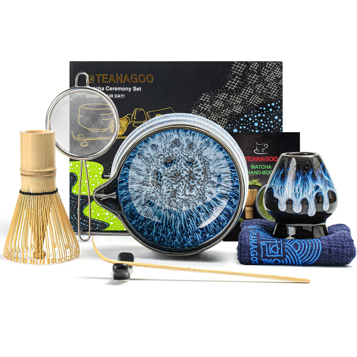 TEANAGOO MATCHA KIT 7 pezzi, Matcha Cerimoniale, kit Junware blu, set da tè matcha per preparare la colazione/latte, ciotola in ceramica (chawan) con beccuccio e frusta