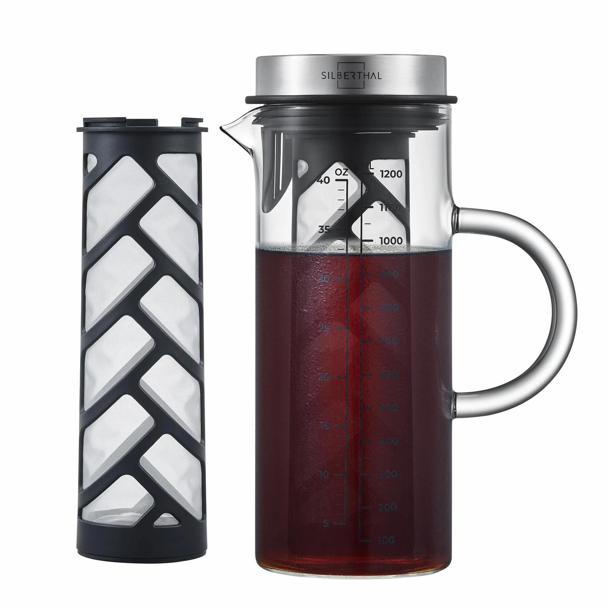 SILBERTHAL Caraffa in vetro e acciaio inossidabile, filtro a maglia fine rimovibile, 1,3 litri, brocca per acqua infusa e fredda Brew e tè ghiacciati