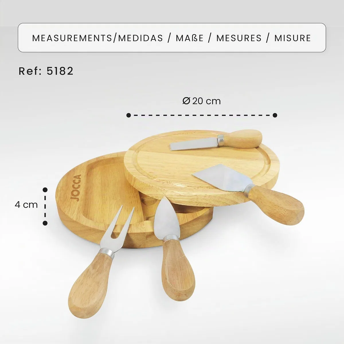 Jocca - Set Tavola Formaggi con Coltelli in Acciaio Inox | Ideale per Amanti del Formaggio | Tavola Rotonda diametro 20cm con Set di 4 Coltelli | Perfetto Regalo Originale