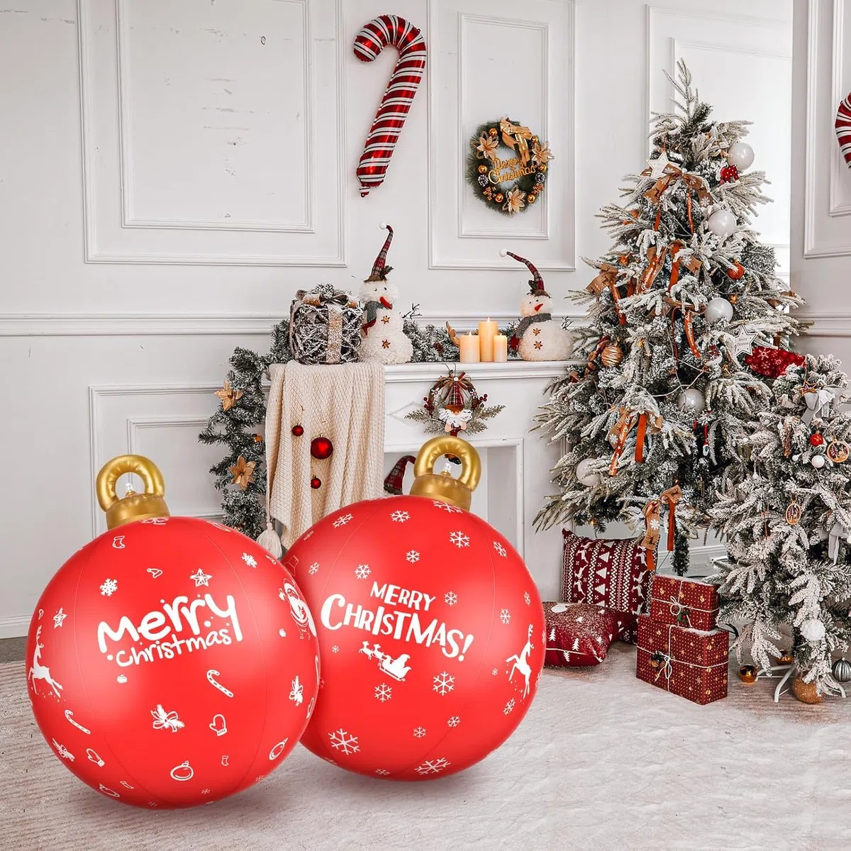 KAHEIGN 2 Pezzi Palline di Natale Gonfiabili Giganti, 60CM Rosso Fiocco di Neve Palle Decorativa Natalizio Gonfiabile in PVC per Natale Interno Esterno Casa Giardino Prato Cortile Portico Decorazione