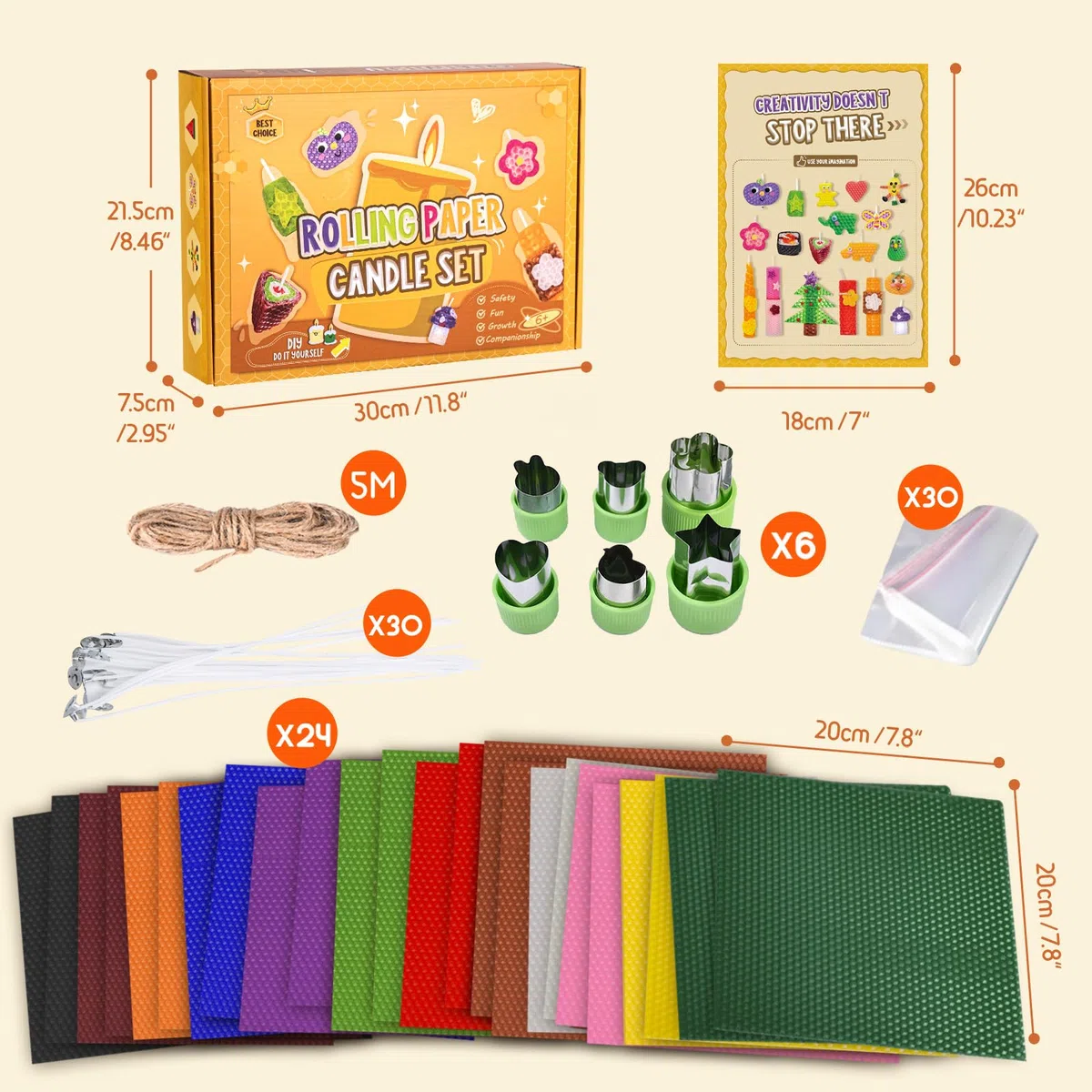 BuzzoXerex Fogli di Cera D'api, 24 Pezzi Lastre di Cera per Candele (20x 20cm), Kit Candele Fai Da Te con 6 Stampi, Kit per la Creazione di Candele in Cera D'api per Adulti e Bambini (Colorato-24-2)