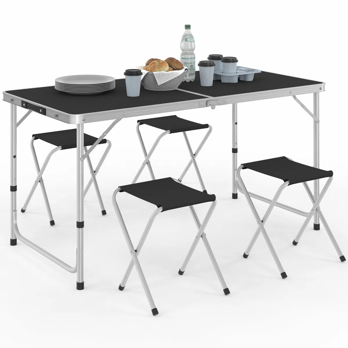 IDMarket - Tavolo da campeggio pieghevole regolabile in altezza da 120 cm e 4 sgabelli neri