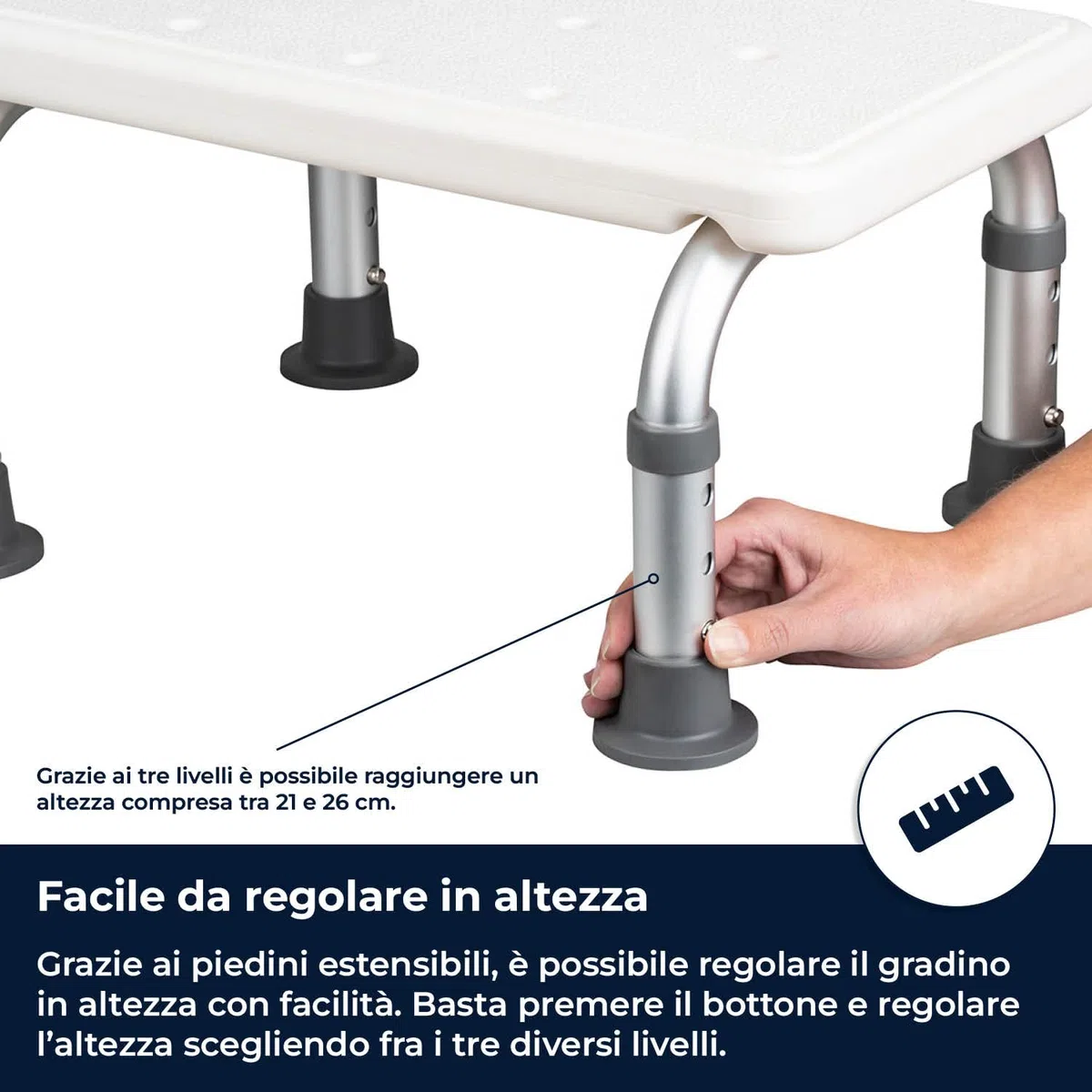 Gradino regolabile in altezza per vasca da bagno e doccia, piccolo gradino antiscivolo, bianco, per anziani