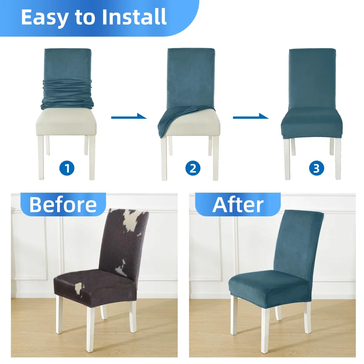 Velluto Coprisedie Con Schienale 6 Pezzi, Coprisedia Cucina Elasticizzato, Universale Copri Sedie Soggiorno, Fodera Sedia Con Schienale Alto, Chair Cover, Blu Pavone