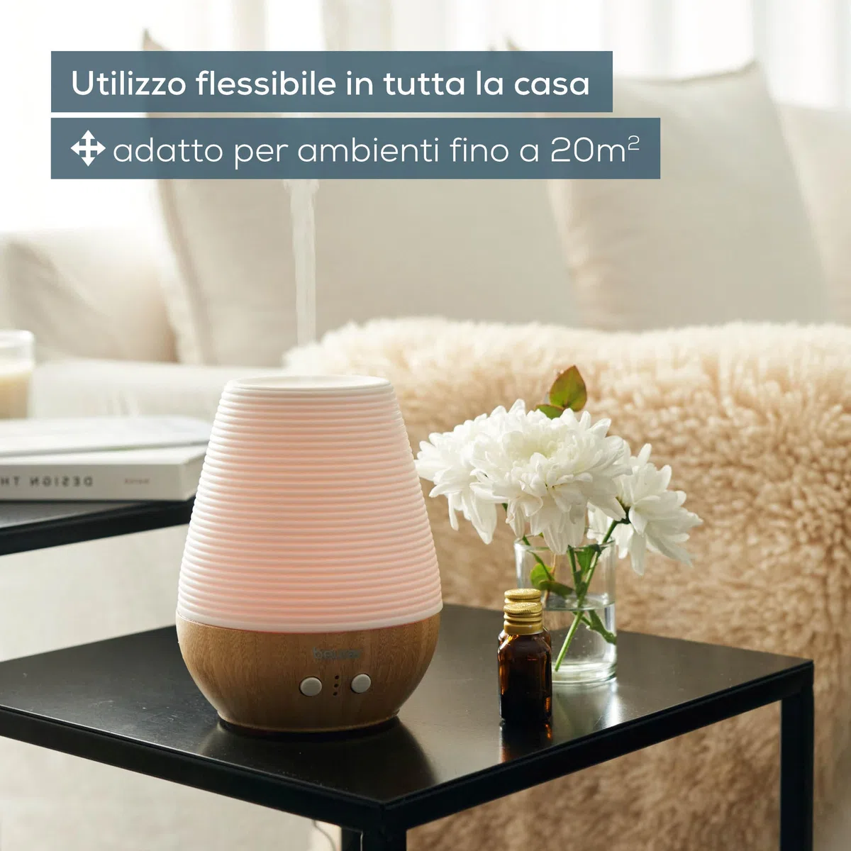 Beurer LA 40 Diffusore Aromatico Ultrasuoni con LED Colorato 7 Colori, Bambù Porcellana, Timer 1-3-7h, 180ml, Silenzioso 12W, Aromi Idrosolubili, Ambienti fino 20m², con Spegnimento Automatico