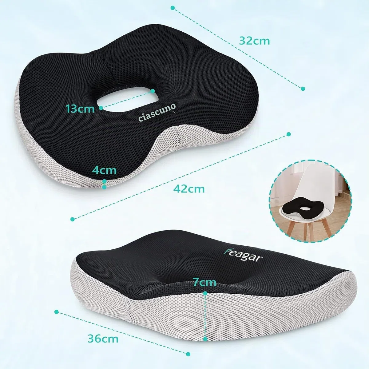Feagar Cuscino Ortopedico a Ciambella per Sedile - Supporto e Comfort per Emorroidi, Coccige e Schiena - Cuscino Ergonomico per Sedia da Ufficio, Auto e Sedia a Rotelle (H12)