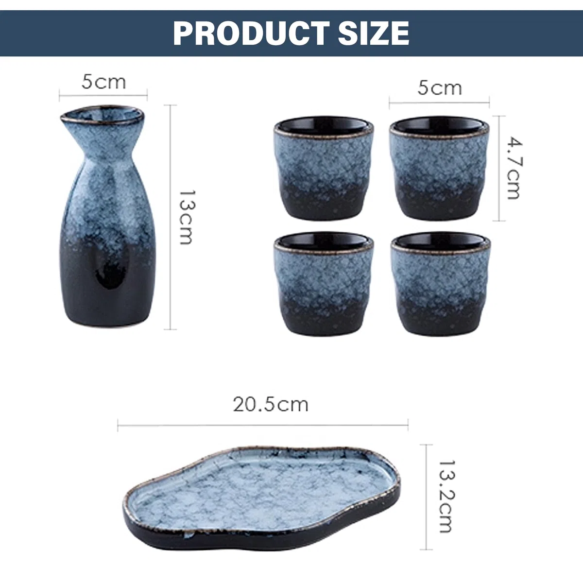 Set di sake giapponesi in ceramica, 6 pezzi. Set tradizionale giapponese sake con 4 bicchieri da sake da 35 ml, 1 pentola per sake da 175 ml, 1 vassoio, smalto invecchiato al forno, in porcellana, per