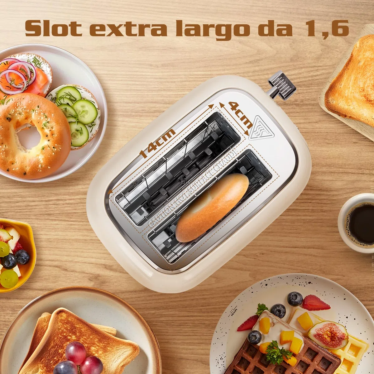 Aigostar Tostapane vintage, 2 fette con fessure extra larghe, 4 funzioni con funzione bagel, tostapane, 6 livelli di tostatura, 800W, acciaio inossidabile, vassoio raccogli briciole rimovibile, Cream
