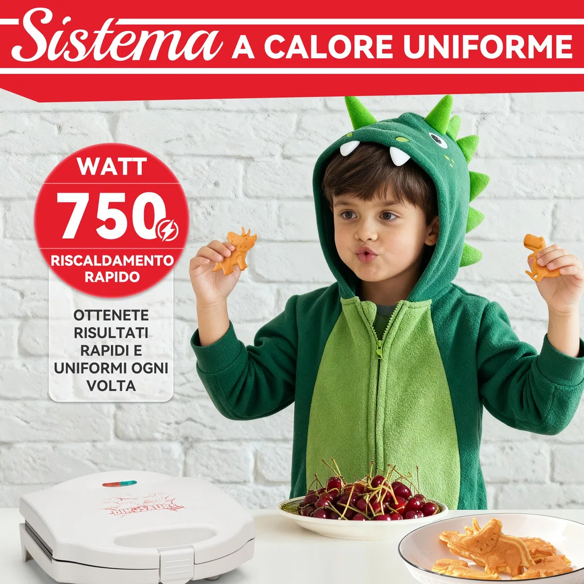 SugarWhisk Mini Piastra Waffle, Piastra Per Waffle, Mini Waffle Maker Con 8 Motivi Di Dinosauri, Amato Dai Bambini, Bianco