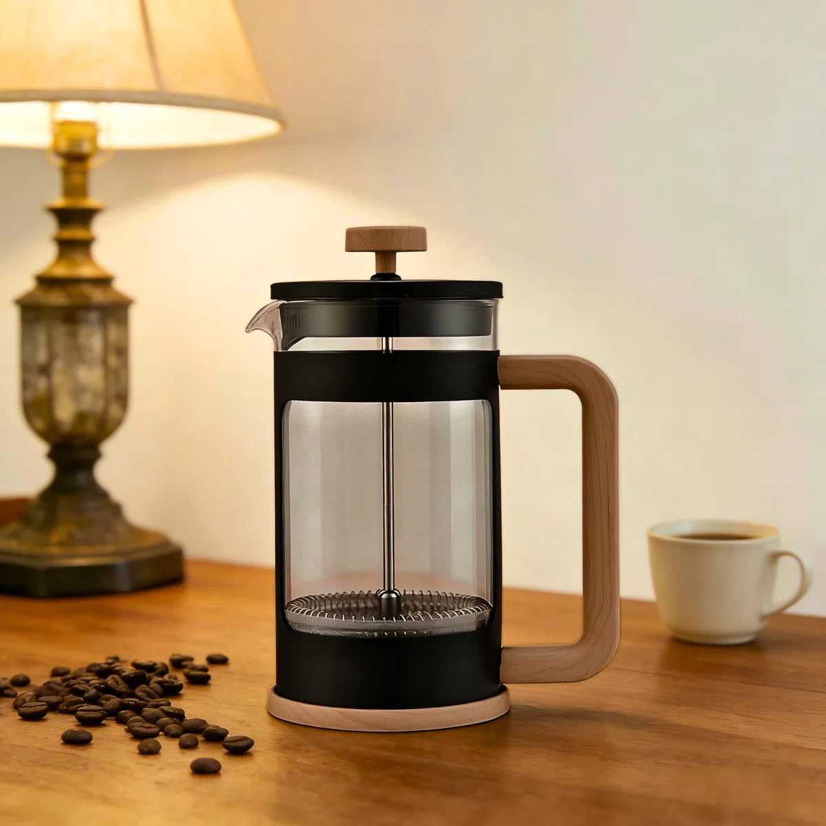 French Press da 1 Litro, Caffettiera a Stantuffo in Vetro Resistente al Calore, Filtro in Acciaio Inox, Manico con Finitura Effetto Legno, per 4 Tazze