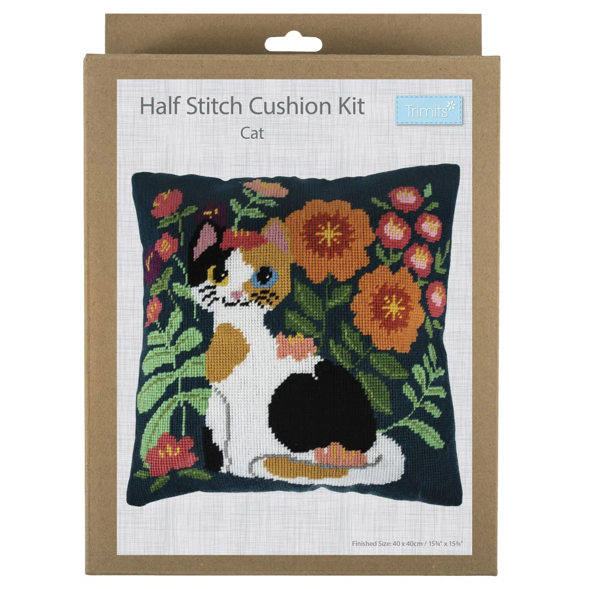 Trimits Kit per cuscino a punto croce, cuscino posteriore incluso, tela prestampata, filo e ago inclusi 40 x 40 cm, gatto
