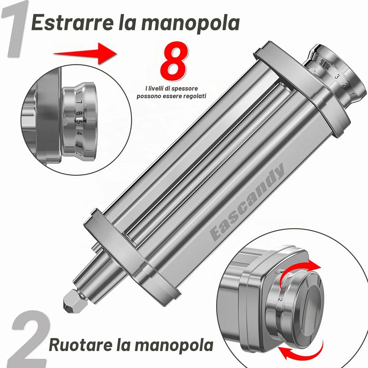 Eascandy Accessorio Laminapasta per Kenwood Mixer | Accessorio per Pasta in Acciaio Inox Compatibile con Robot da Cucina kMix | 8 Spessori Regolabili 0,3-2mm
