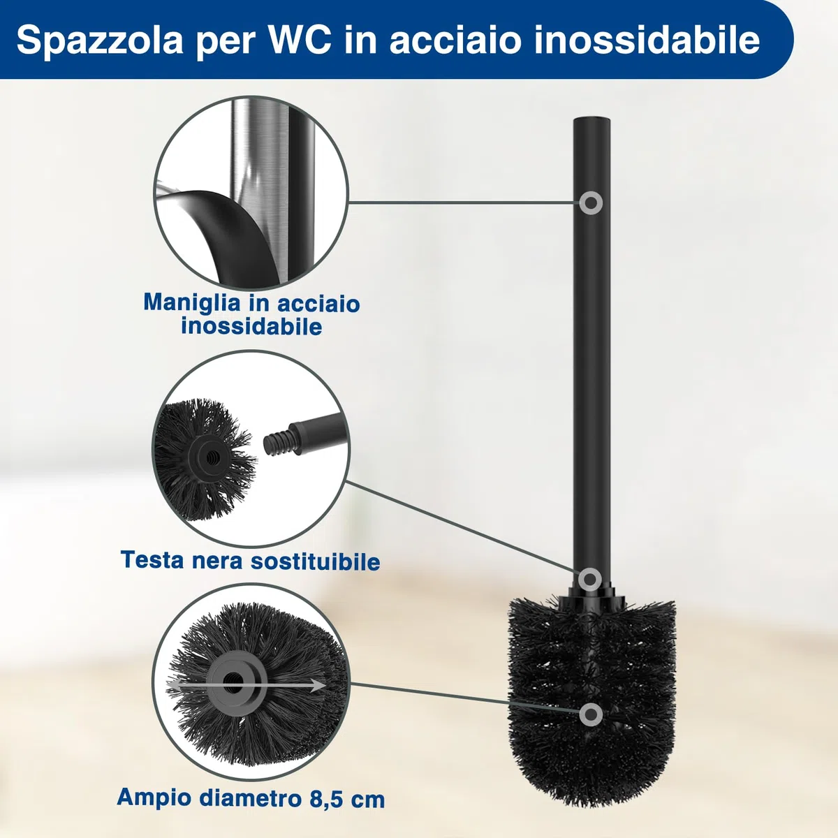 Porta carta igienica in acciaio inossidabile con scopino per WC - Set per WC con vassoio, spazzolino per WC e porta carta igienica