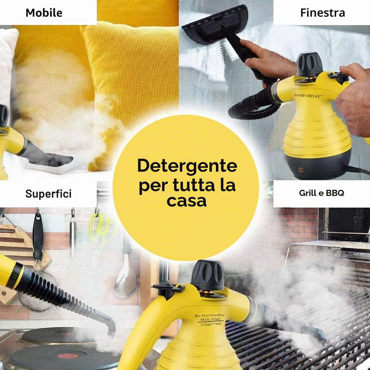 Comforday Pistola a Vapore in Alluminio 9 Accessori per Rimuovere le Macchi da Pavimena, Moquette, Tende, Seggiolini Auto, Cucina, Cimici, Bagni e Altro