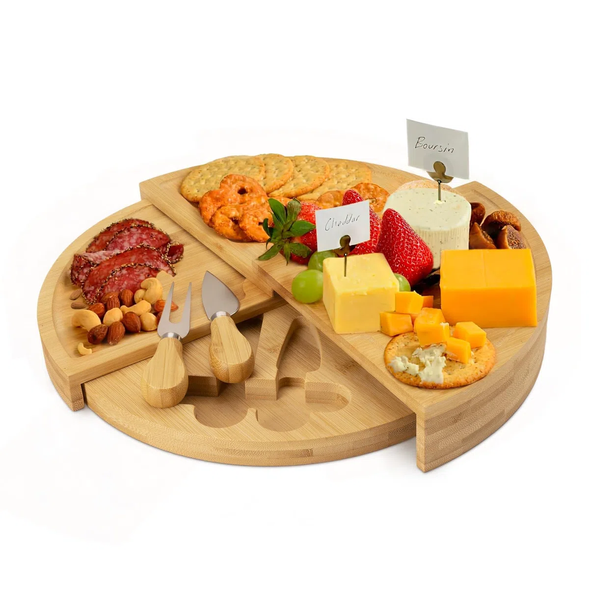 in Legno Tagliere Aperitivo, Rotonda e Girevole Latagliere per Formaggio Set 3 Coltelli 1 Forchetta, Tagliere Legno Regalo Casa Nuova