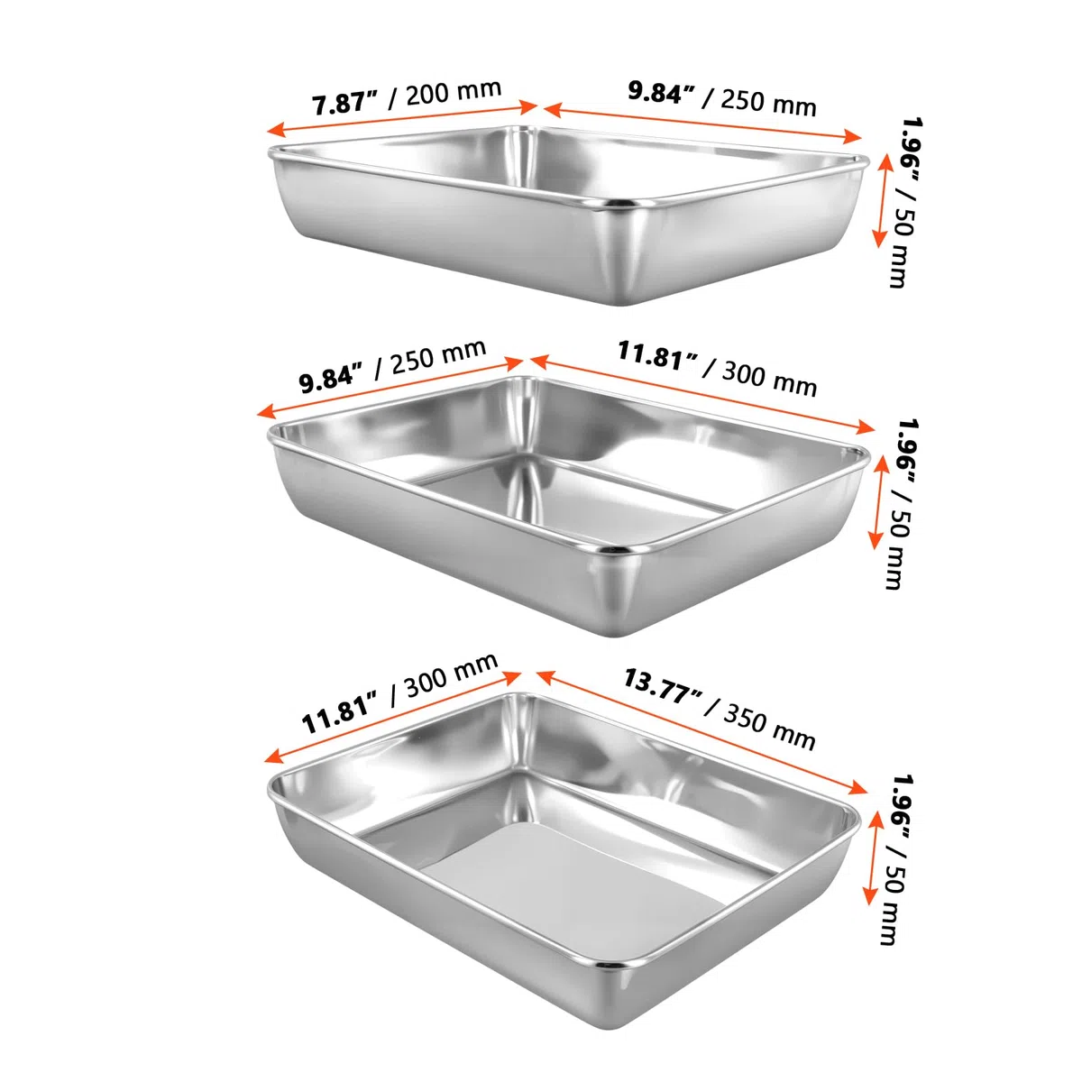 SINJEUN Set di 3 Teglia da Forno Rettangolare in acciaio inox, vassoio per Pane, Pizza, Verdure Frutta, 3 Dimensioni, 35 x 30 x 5 cm, 30 x 25 x 5 cm, 25 x 20 x 5 cm