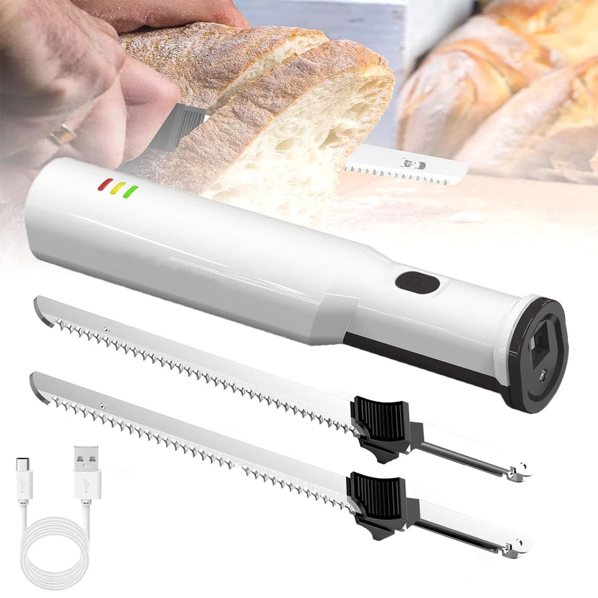 Coltello da intaglio elettrico, Coltello da pane ricaricabile a batteria, Coltello da bistecca portatile con due lame in acciaio inossidabile Rilascio di trigger di blocco di sicurezza per pane