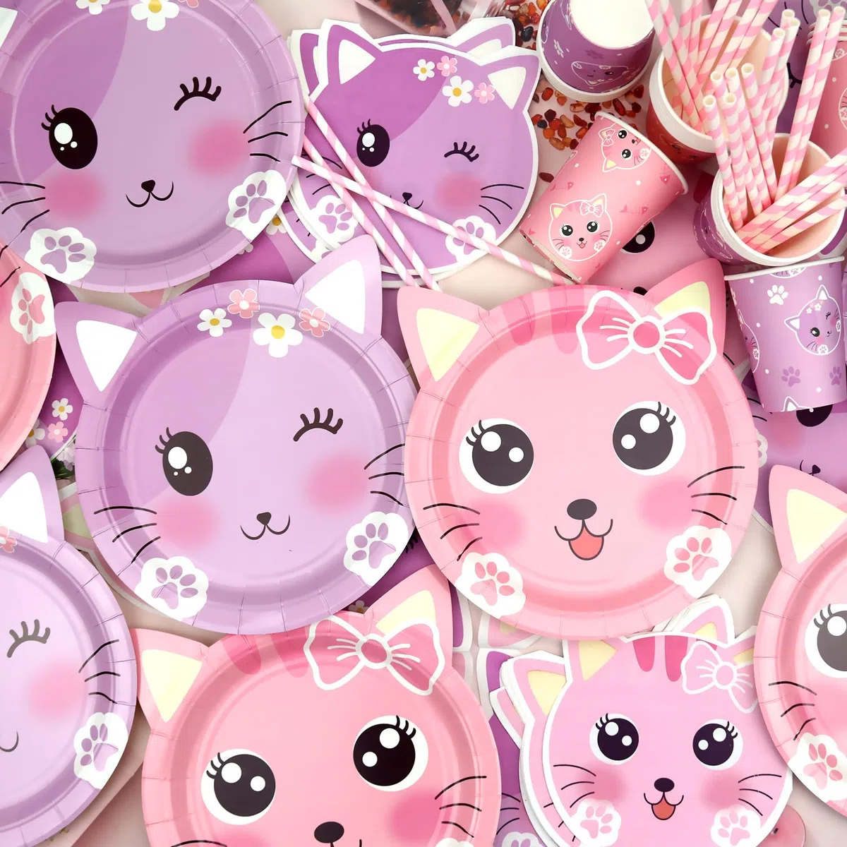 Set di accessori per la festa di compleanno del gatto, striscione di buon compleanno, piatti, tovaglia, tazze, palloncini, cannucce per le decorazioni della festa del gatto per bambini, per 20 ospiti