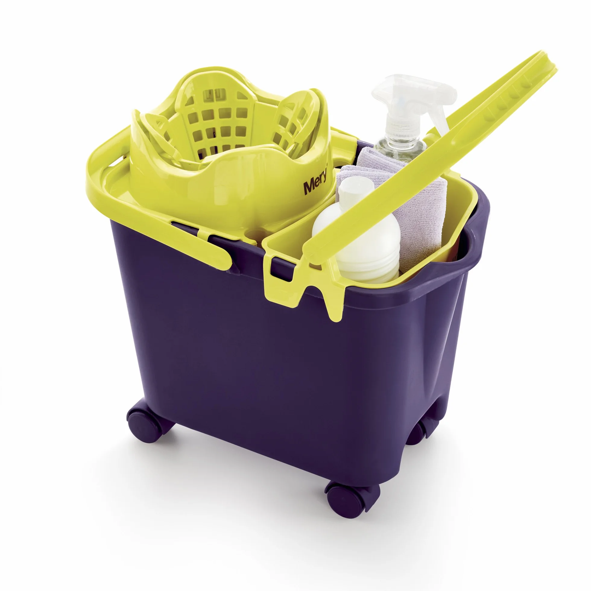 Mery - Cubo Strizzatore Automatico con Sistema a Molla, 4 Ruote Girevoli, e Canalizzazione per Lo Scolo, Adatto a Tutti i Mop, Viola e Giallo, 14 L
