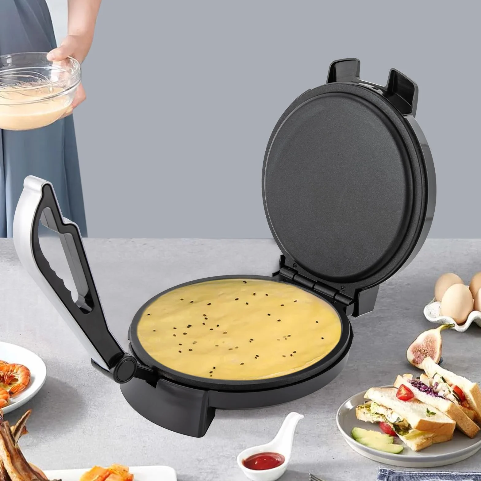 Roti Maker, 1200 W, riscaldamento elettrico a doppio lato in acciaio inox Tortilla Maker, pressa per farina di mais, rivestimento antiaderente, regolazione della temperatura, per tortillas,