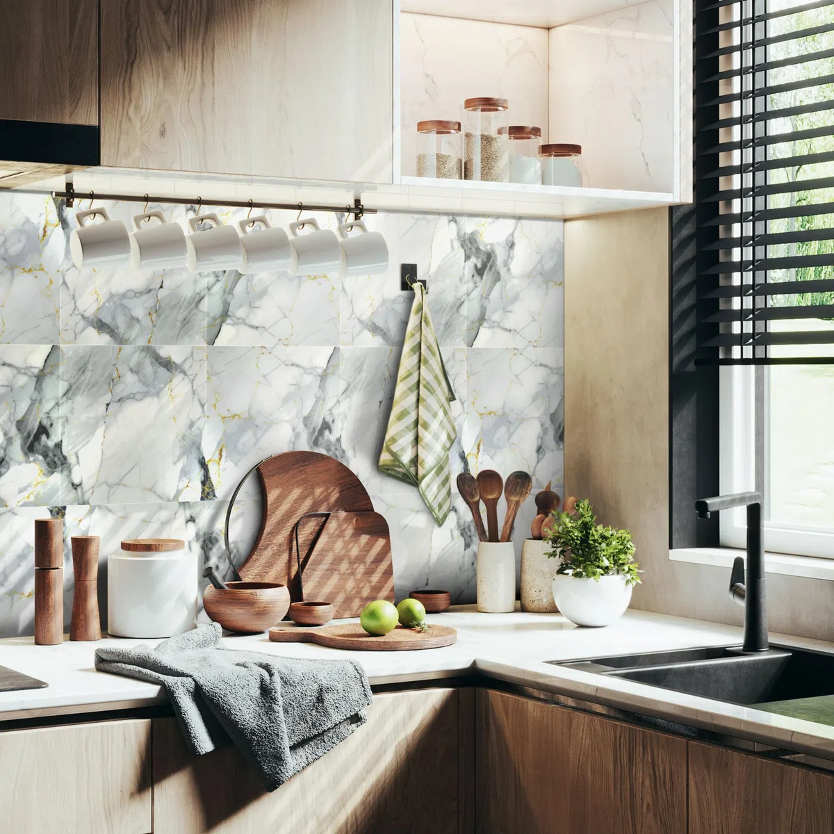 Vieshful 20 pezzi Piastrelle Adesive, Piastrelle di Marmo Autoadesive da 30 x 30 cm per muri, Pannelli per Doccia Impermeabili in PVC, Piastrelle Adesive per Cucina, Bagno, Soggiorno Blu Grigio