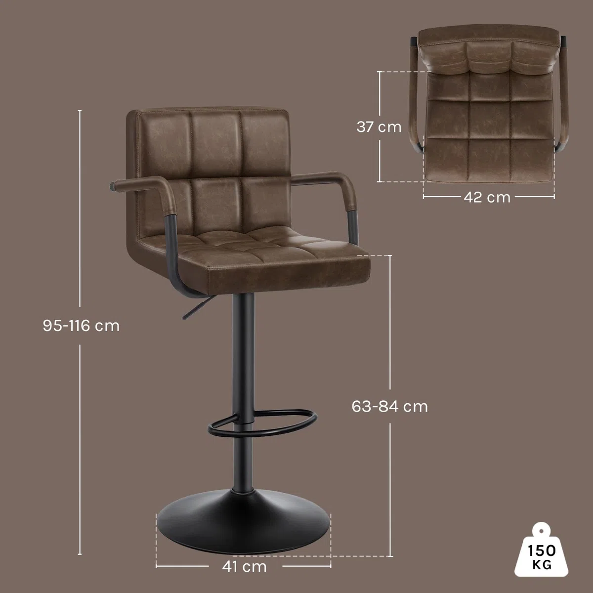 WOLTU Sgabello da Bar PU Vintage Sedia per Cucina Girevole con Schienale Braccioli Marrone