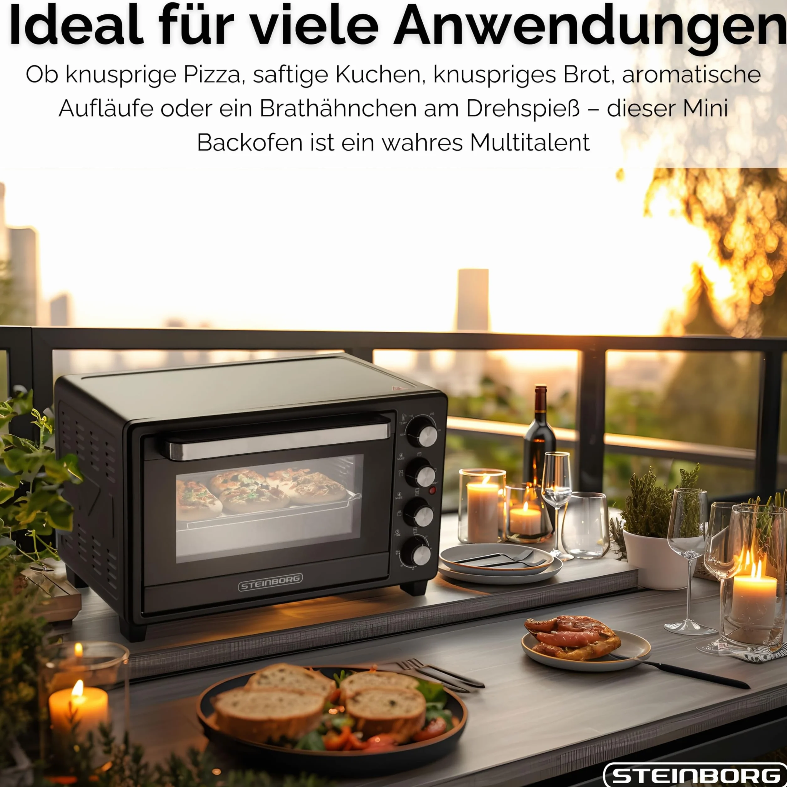Steinborg Mini forno da 35 litri con convezione e spiedino, piastra per briciole, calore superiore e inferiore, 1.600 Watt, mini forno con timer, piccolo forno, autoportante, regolazione della