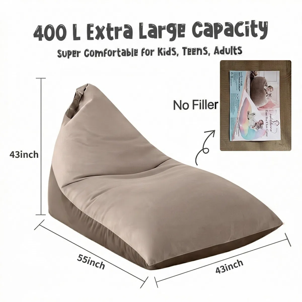 Fodera per poltrona sacco da 1,2 m (senza imbottitura), per adulti, copertura per poltrona a sacco triangolare extra large da 400 l, lavabile, senza imbottitura, ultra morbida, rivestimento