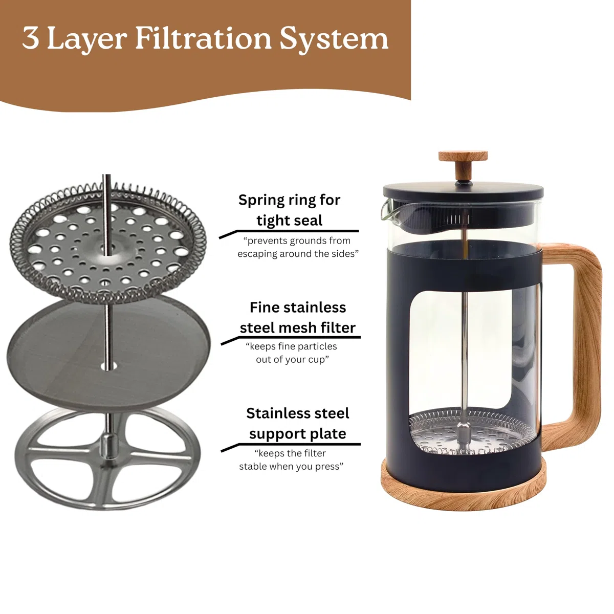 French Press da 1 Litro, Caffettiera a Stantuffo in Vetro Resistente al Calore, Filtro in Acciaio Inox, Manico con Finitura Effetto Legno, per 4 Tazze
