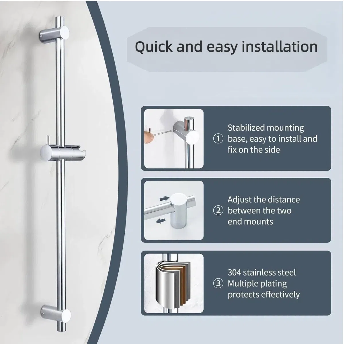 Asta doccia in acciaio inox, 70 cm, asta doccia con supporto per soffione doccia, girevole a 360° e regolabile, asta per doccia con fissaggio a parete variabile, per adattarsi ai fori