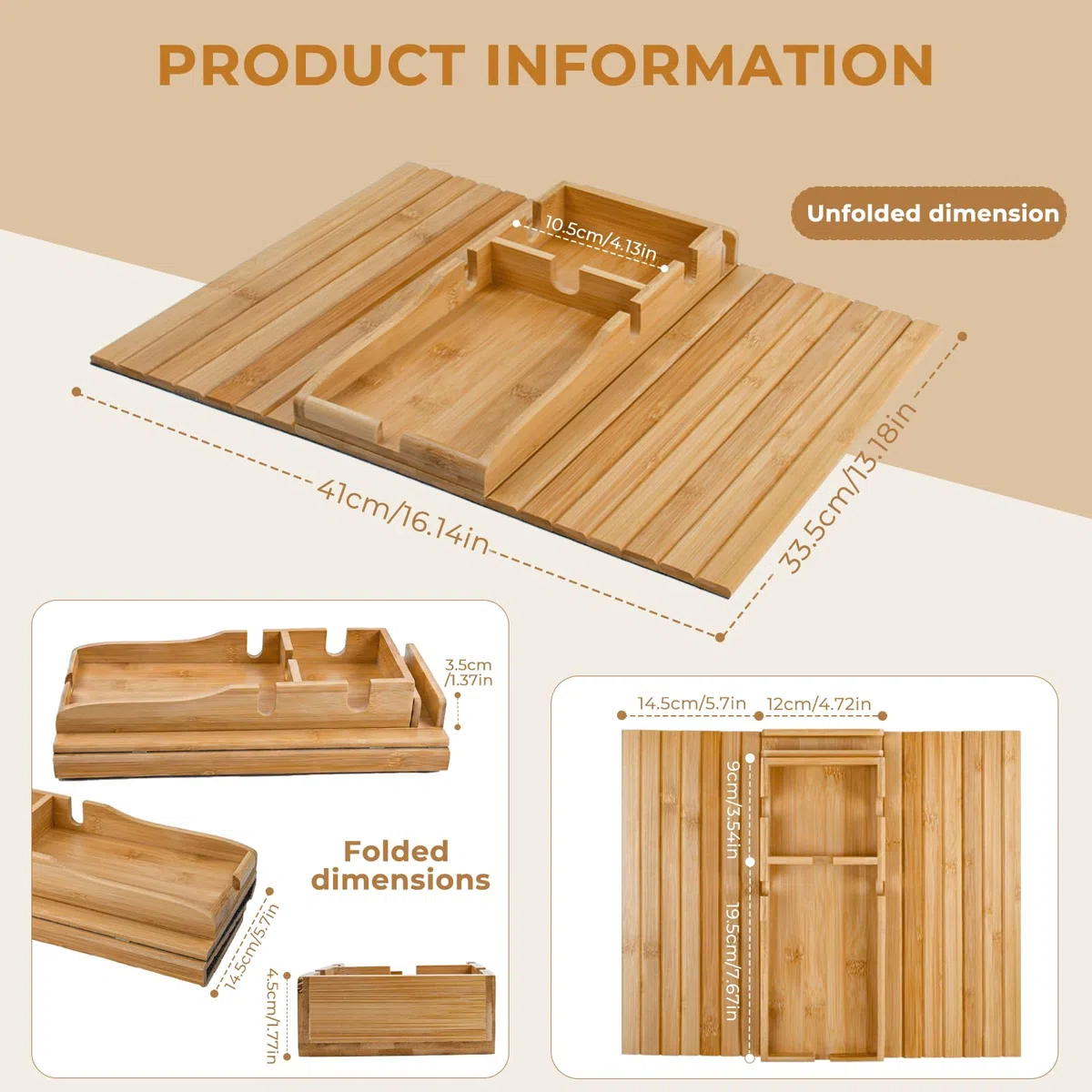 Vassoio da Divano in Bambù 2-in-1, Vassoio Divano Pieghevole Antiscivolo per Cellulare Bevande e Telecomandi (Colore del legno-B)
