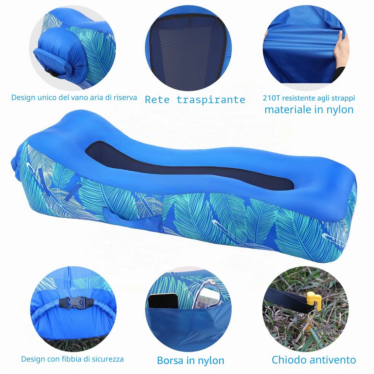 Divano gonfiabile ad aria con design unico, lettino da spiaggia gonfiabile con cuscino, impermeabile, sedia da campeggio, amaca per escursioni, cortile, viaggi, spiaggia, parco, picnic (blu)
