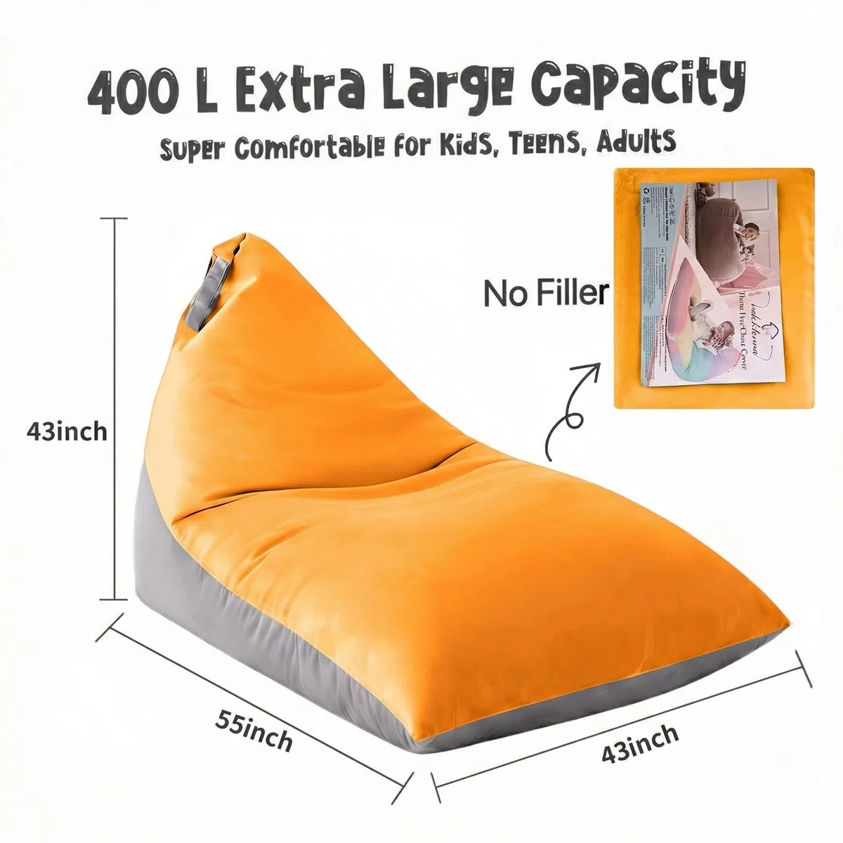 Fodera per poltrona sacco (senza imbottitura), per adulti e ragazzi, copertura in velluto spesso, 400 l, colore: grigio orchidea, L