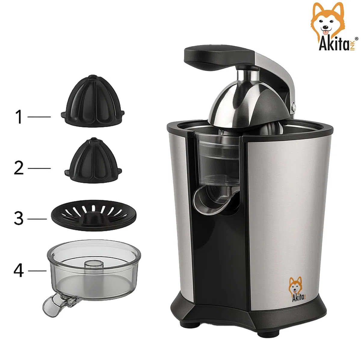 Akitaink Spremiagrumi Elettrico a Braccio 85W Acciaio Inox con Leva – Coni per Limone e Arancia Inclusi - Spremiagrumi Potente e Silenzioso