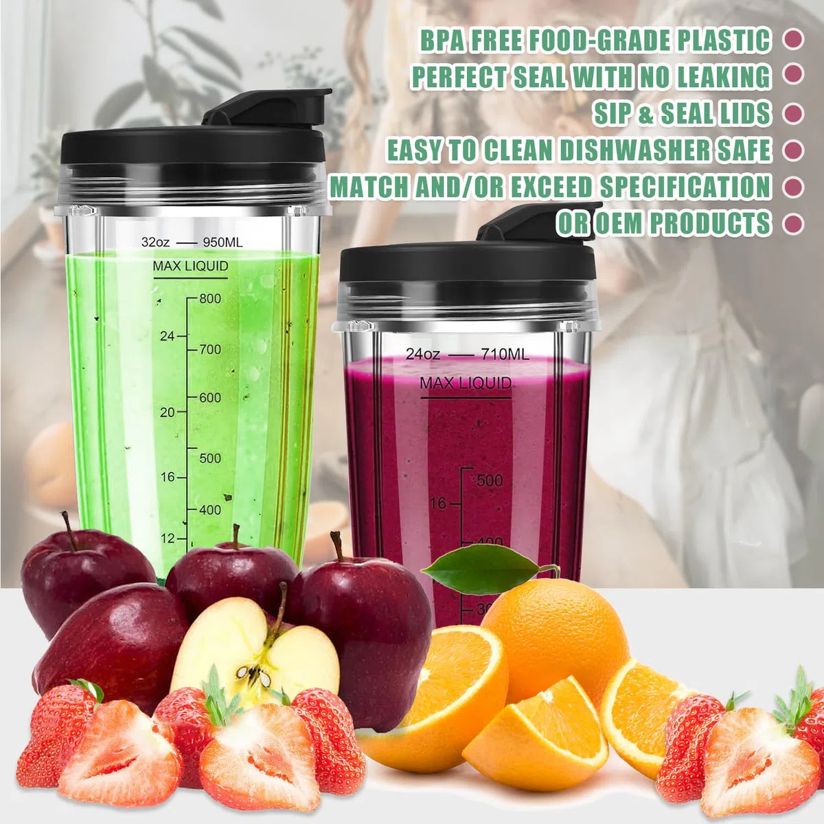 Tazze Frullatore con Lama Estraente 7 Pale per Nutri-2 Contenitori da 24oz (710ml) con Coperchi a Ribalta Portatili+Spazzola Pulizia Compatibile con BL480/BL490/BL640/BL682/NN102/BL2012/CT641