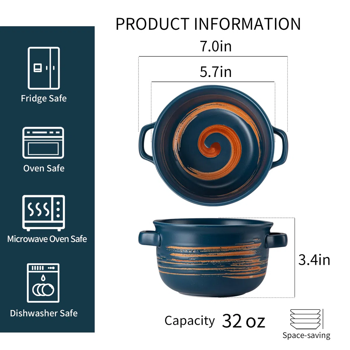 YUN TAO Ciotole profonde versatili con manici da 946 ml, Ciotole in ceramica grandi per cipolle gratinate, ramen, stufati, pot pie, cereali, adatte al forno e lavastoviglie - Set di 4