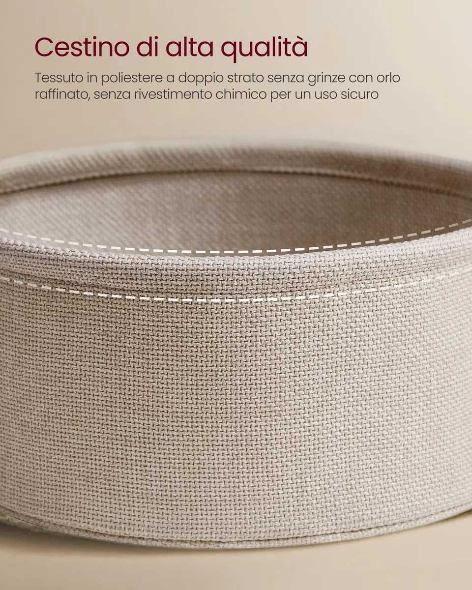 VASAGLE LILEA Collezione - Tavolino, Tavolino Rotondo con Cestino in Tessuto, Spazioso, per Soggiorno Camera da Letto, Comodino, Stile Moderno, Bianco Opaco e Marrone Cammello LET223W10