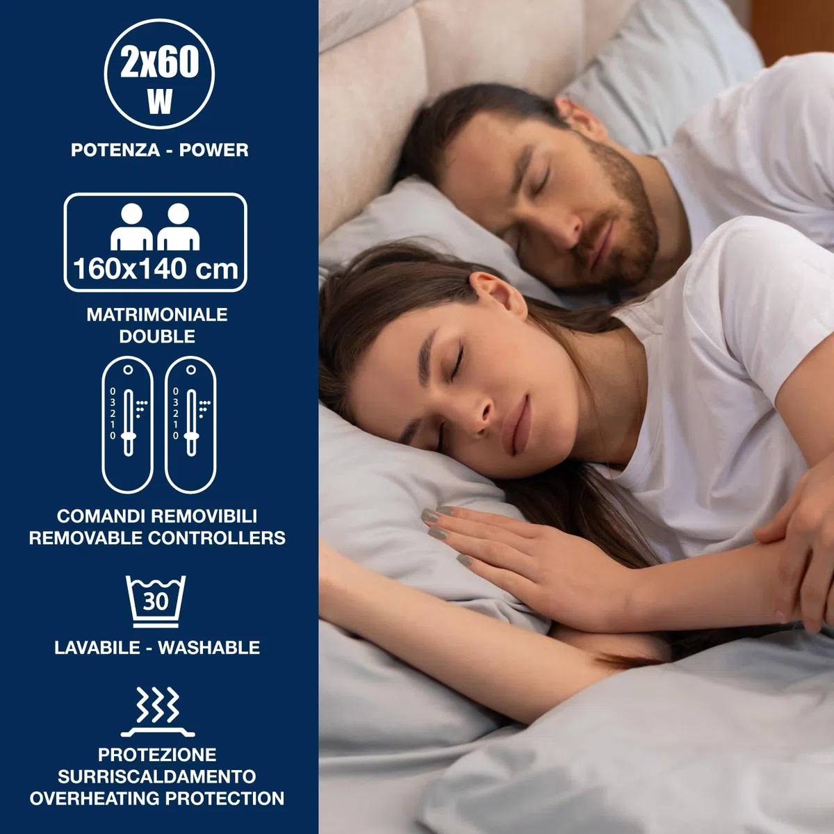 BEPER P203TFO111 Scaldaletto Matrimoniale, 2 Zone con Comandi Indipendenti, 3 Temperature, Lavabile, Spegnimento Automatico, 160x140 cm