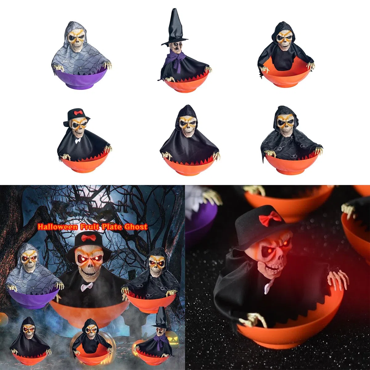 Porta caramelle scheletro attivato con teschio urlante e occhi rossi illuminati per decorazioni di Halloween