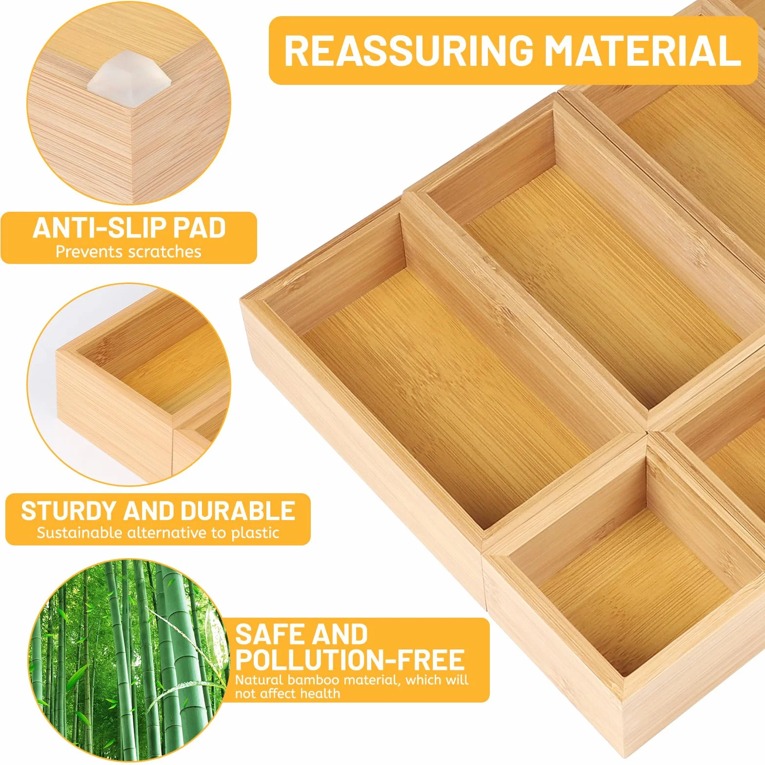 DBREAKS Set di 6 Organizer per Cassetti in Bambù, Organizer Multiuso in Legno, Impilabile, Per Cosmetici, Cucina, Bagno o Ufficio ogn (Naturale)
