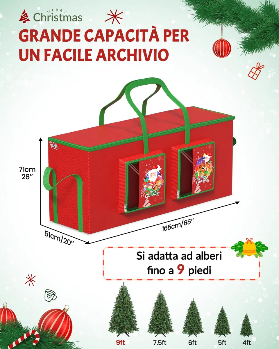 275CM Borsa di Stoccaggio dell'albero di Natale Impermeabile 600D,Adatta al Massimo 9FT Albero di Natale Smontato,Due Tasche Grandi Decorazione Natale,Maniglie e Cerniera Rinforzate Durevoli