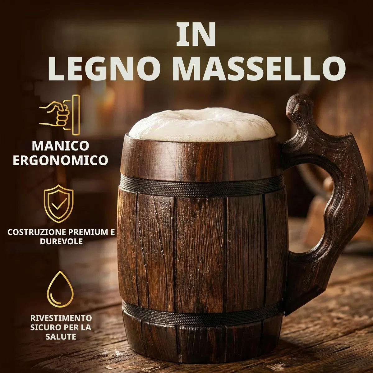 Tazza di birra in legno di quercia fatta a mano Tazza in acciaio inossidabile Naturale ed ecologico 0,6 litri 20 once Barrel Brown