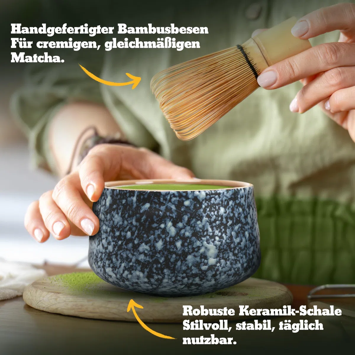 Set Matcha Premium in ceramica – Set Matcha tradizionale con scopa e ciotola, colino e porta scopa – Set Macha Tea – Kit accessori Matchaset senza polvere – Whisk Matchabesen (nero)