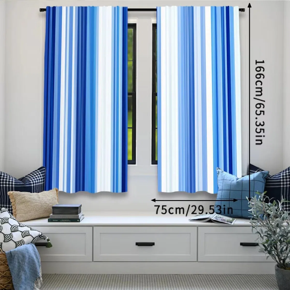 2 tende a righe blu e bianche, design retrò con sfumature astratte, adatte per camera da letto, bagno, soggiorno WxH/2x70x140cm