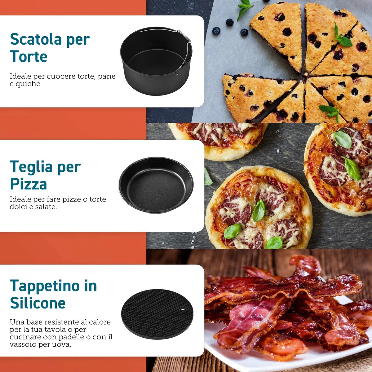 COSORI Accessori Friggitrice ad Aria 5,5L, 6 Pezzi Accessori Airfryer Senza BPA, Supporto in Metallo, Il Vassoio per Uova, Porta Spiedini, Scatola per Torte,Tappetino in Silicone, Teglia per Pizza