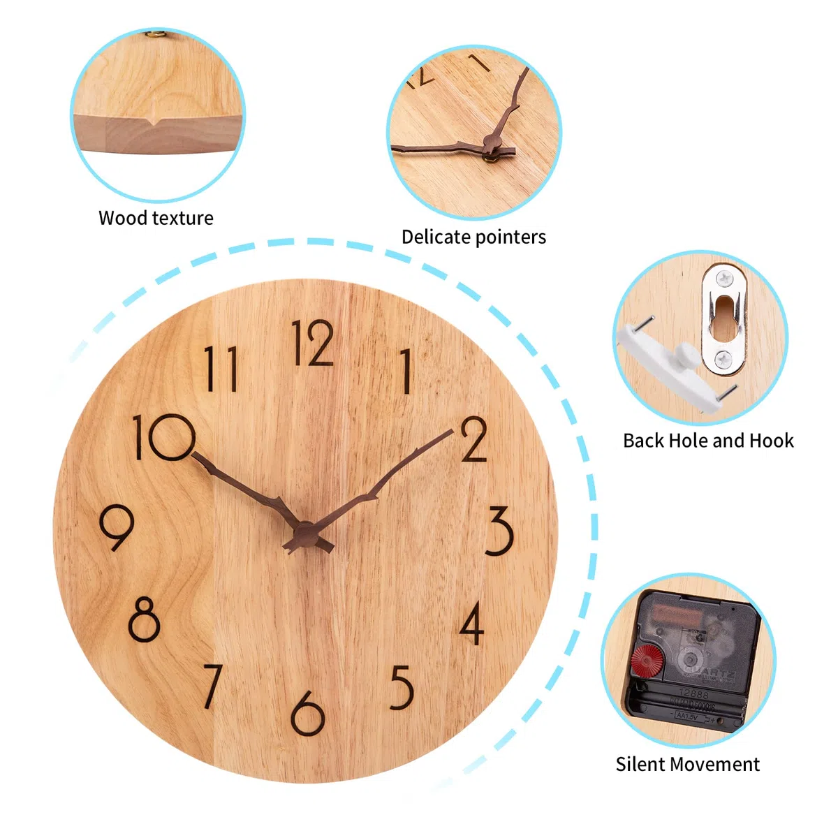 ACCSHINE Moderno Orologio da Parete in Legno 30CM Orologio da Parete Cucina Senza Cornice Silenzioso Decorazione da Parete per Casa Ufficio Cucina Soggiorno Camera