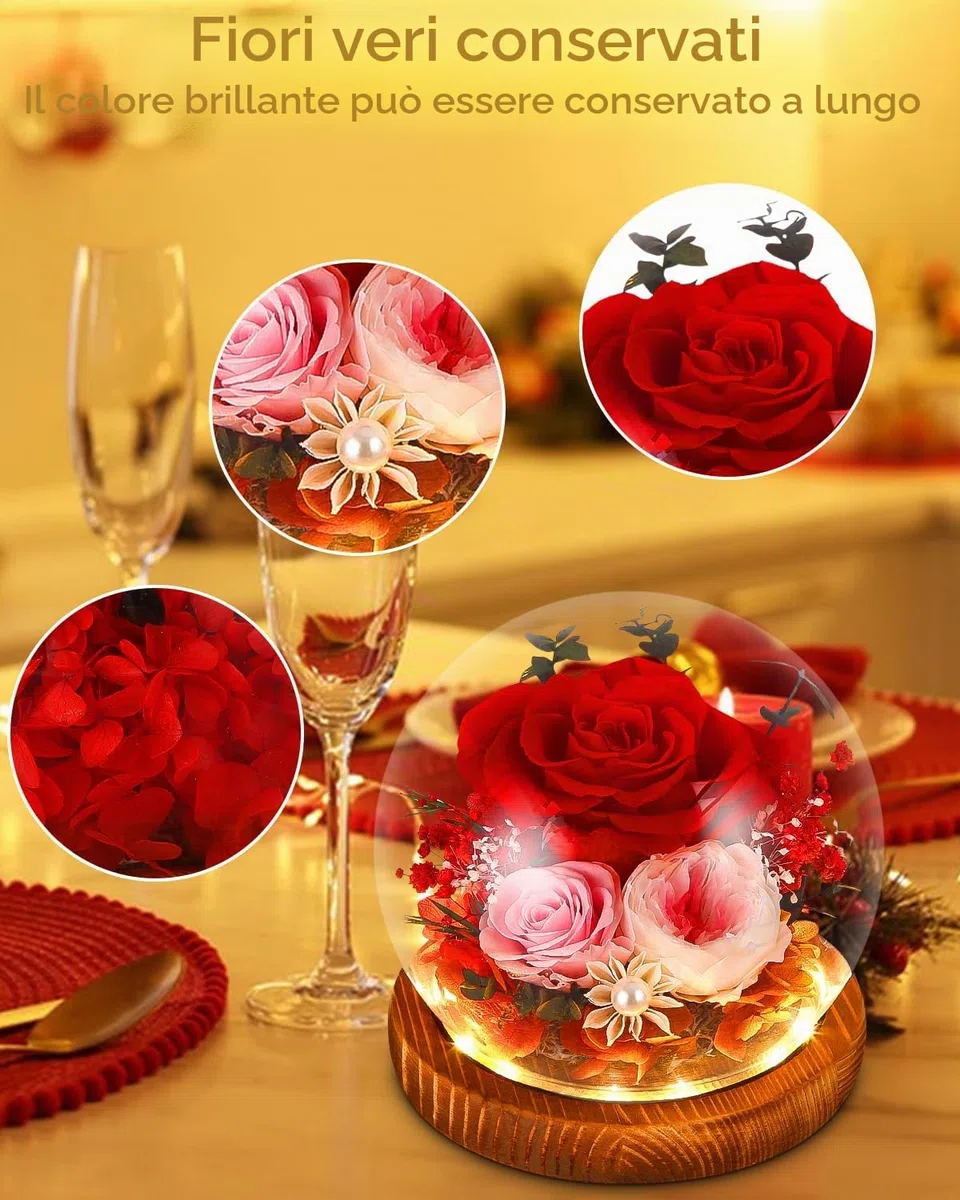 Rosa Eterna Stabilizzata, Vera Fiori Stabilizzati, LED Rosa Conservato Sfera di Cristallo, Regalo per Donne Mamma Moglie, Rosa Eterna Anniversario Compleanno San Valentino Natale Festa Della