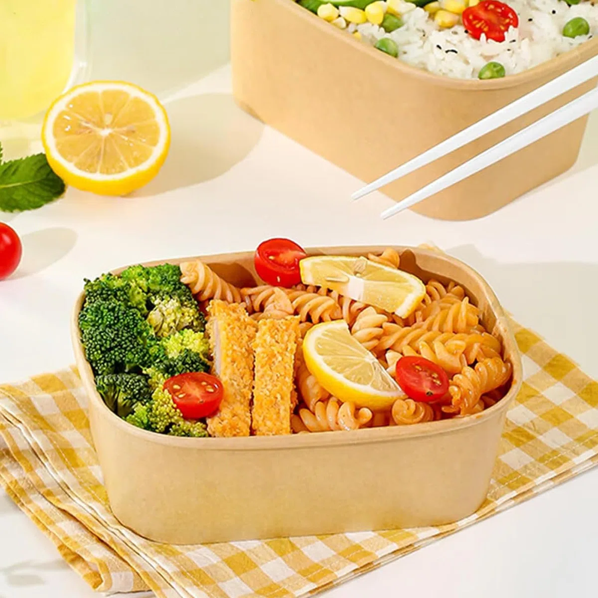 Ciotola in carta kraft usa e getta, 500 ml, stabile con coperchio in PET, scatola di carta kraft Take Away, ciotole di carta kraft resistente all'acqua e all'olio, per cibo da asporto, viaggi