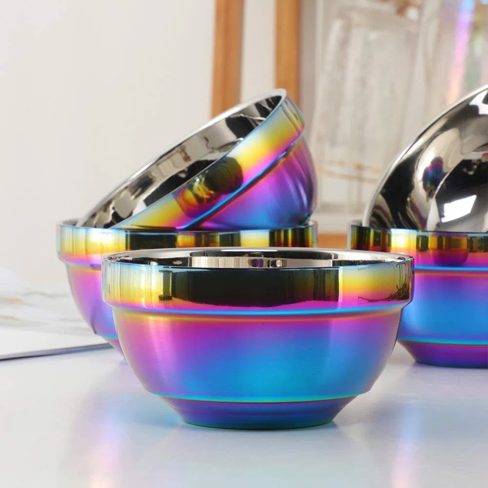 Ciotole per cereali in acciaio inox 18/10, 500 ml, arcobaleno, set da 4 ciotole di riso, grandi ciotole da dessert larghe, 13 cm (5,1 pollici), in metallo, a doppio strato, anti-caldo