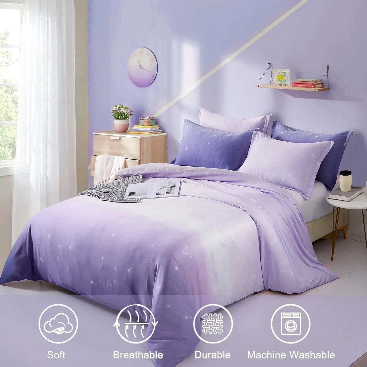 Set di biancheria da letto viola con copripiumino color lavanda e arcobaleno, con chiusura a cerniera, per bambini, ragazze, adolescenti e adulti (letto singolo, 135 x 200 cm)
